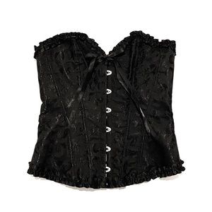 💖 SOLD 💖 Y2K Black Structured Floral Pattern Corset Top With Bows & Ruffles